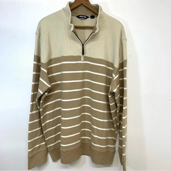 Lands End Rib Knit 1/4 Zip Sweater Men‎ XL Tan Stripe Long Sleeve 100% Cotton - Picture 1 of 10
